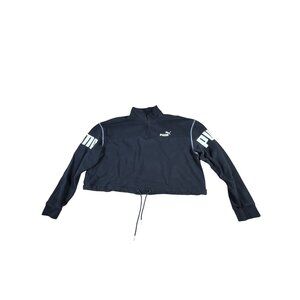 Puma Cropped Quarter-Zip Black Pullover Sweatshirt Sz L Drawstring Hem Logo